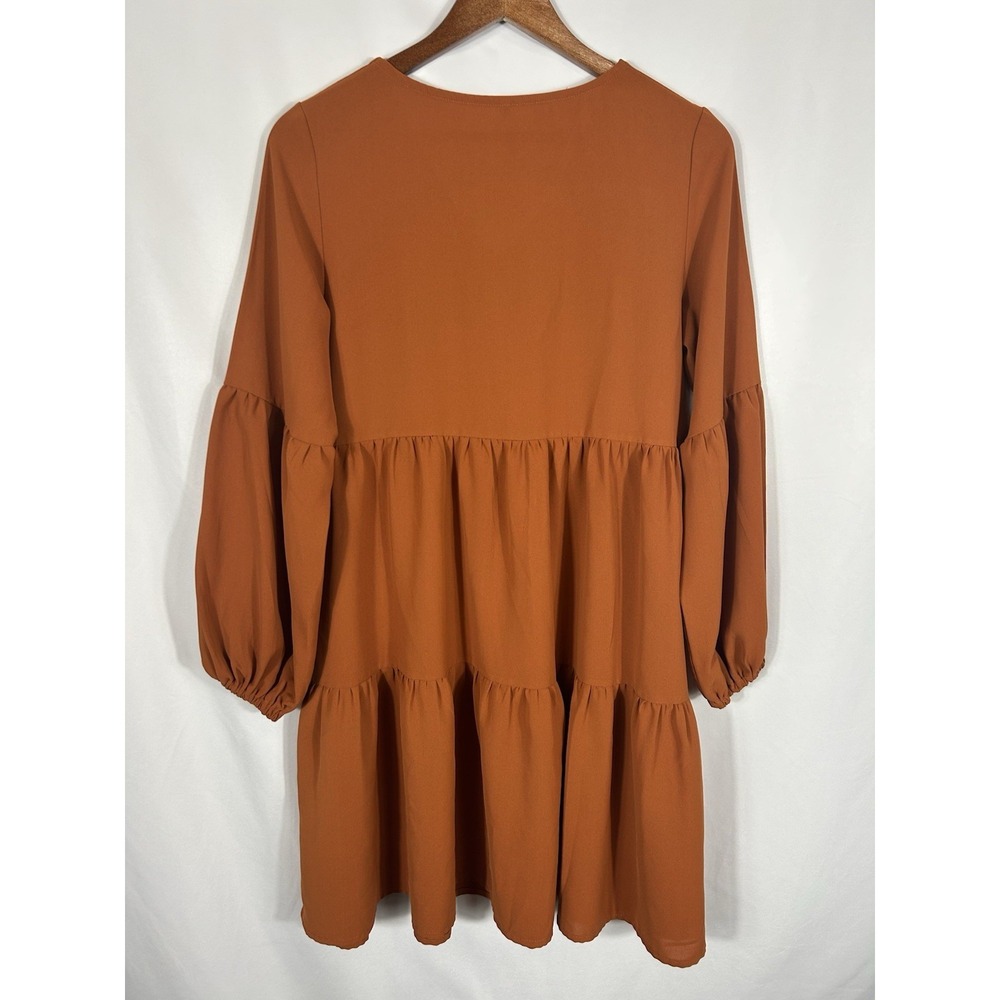 Womens Oversized Smocked Puff Sleeve Dress Size S Cottagecore Boho Tiered Earthy - Picture 6 of 11